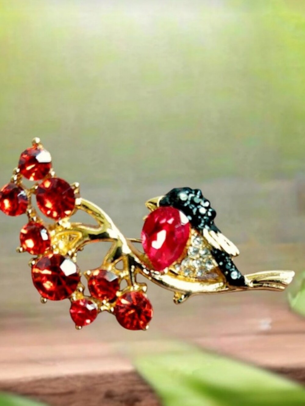 Gold-Tone Red Crystal Bird Brooch